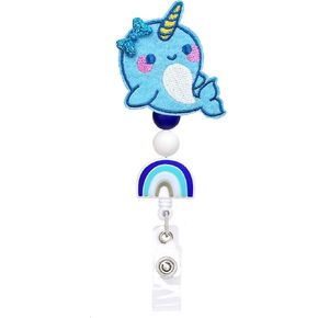 Silicone Beaded Cute Narwhal Badge Reels Retractable, with Alligator Clip, 24 inches Thick Pull Cord