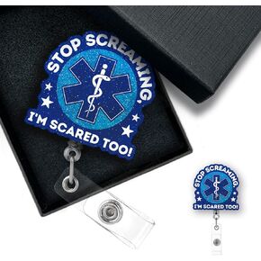 Stop Screaming I'm Scared Too Funny ID Card Badge Holder Medical Worker Badge Reel Retractable with Alligator Clip,for Nurses Medical EMT Rn First Responder Paramedic Medic,XZJ017