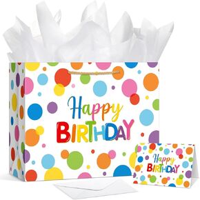 Kolldenn 13" Large Happy Birthday Gift Bag with Handles, Card and Tissue Papers for Girls Kids Women Birthdays Baby Shower Wedding Party Favors (Unicorn)