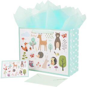JWSCYSY 12.6" Large Baby Girl Gift Bag with Tissue Paper and Greeting Card for Baby Shower, Birthday, New Parents, and More (3D Pink Elephant Design)