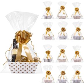 Canlierr 50 Pcs Basket for Gifts Empty Include 12 Pcs 8" x 6" x 3" Gift Basket Empty to Fill with Handles 18 Pull Bows and 20 Clear Plastic Bags for Wedding Birthday Party Gift Wrapping (Golden)