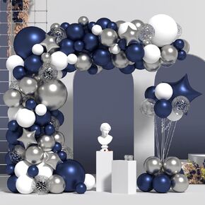 Navy Blue Silver Balloon Garland Arch Kit, 118pcs Navy Blue Balloon Garland Blue White Silver Confetti Balloons Star Foil Balloons for Graduation Birthday Baby Shower Party Supplies Decorations
