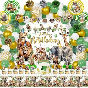 Mpanwen Safari Jungle Birthday Party Decorations, 125 Pcs Safari Zoo Animal Theme Party Supplies for Baby Boys - Backdrop, Cupcake Toppers, Palm Leaves, Tablecloth, Paper Honeycomb, Fans Pompoms