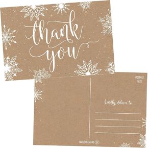 25 4x6 Blank Christmas Holiday Thank You Postcards Bulk, Cute Kraft Winter Snowflake Note Card Stationery For Wedding, Bridesmaids, Bridal or Baby Shower, Teachers, Religious, Business Cards