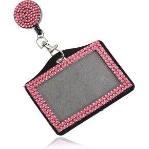 Purely Handmade Fashion Retractable Pink Bling Crystal Strap Neck Lanyard Cute Rhinestone Badge Holder+Jeweled Horizontal Business Name ID Card Holder+Beaded Badge Reel Clip