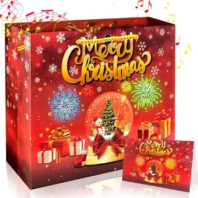 DTESL Christmas gift bag, light fireworks and cheer music with shopping handle, grocery bag, Christmas gift bag for wife husband men and women (Red, Medium)