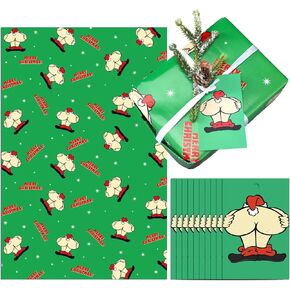 Supervitae 12 Pcs Funny Rude Christmas Wrapping Paper Sheets Gift Tags Novelty Santa Design Gift Wrap Sheets for Adults Christmas Gift Wrapping Boxes DIY Crafts(Red,Funny)