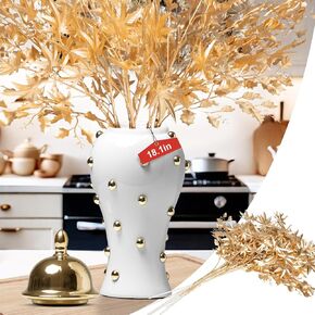 18" Ginger Jar Vase, White and Gold Vase with Lid and 6 Bunches of Fake Flowers, Large Gold Ginger Jar Porcelain Vase with Bottom Protective Layer, Ginger Jars for Home Decor