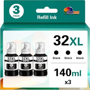 Clorisun 32XL Black Ink Bottle Refill Ink Compatible for HP Smart Tank 5000 7602 6001 5101 7301 7001 Plus 651 551 455 457 450 All-in-One Ink-Tank Printers (3 Black)