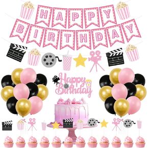 K KUMEED Happy Birthday Decorations,Movie Theme Party Decorations Pink Popcorn Camera Movie Theater Decorations Cute Cake Topper Latex Balloons for Birthday Party Movie Night Party Supplies Girls