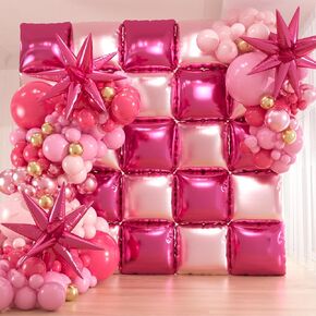 25pcs Double Sided Hot Pink Flat Square Foil Balloons Wall Backdrop With 149pcs Pink Latex Balloons Garland Arch Kit for Anniversary Bachelorette Birthday Valentines Day Party Decoration