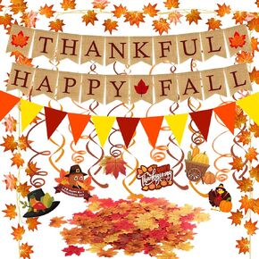 Famoby Thankful Happy Fall Burlap Banner Paper Triangular Bunting Maple Leaf Garland Plastic Streamer for Autumn Harvest Thanksgiving Day Party Decoration