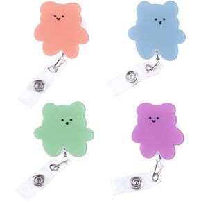 4pcs Multi-Color Random Name Decorative Cute Bears Acrylic Retractable Badge Reels with Clip on ID Card Holders for Nurse, Badge Reel Holder, Teacher, Student Badge Identification Badges and Supplies