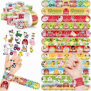 48PCS Farm Animal Party Favors 24PCS Tattoos 24PCS Slap Bracelets Wristbands Themed Birthdays Party Supplies Decorations Decor Cow Barn Animals Sheep Pig Horse Tractor Pattern Girls Boys Gifts