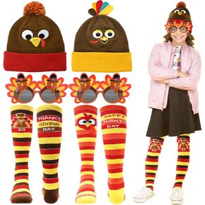 UMEELR 6PCS Turkey Trot Costume, Thanksgiving Hats Turkey Socks Sunglasses Thanksgiving Fall Costume for Kids Women Man Thanksgiving Day Party Favor Supplies
