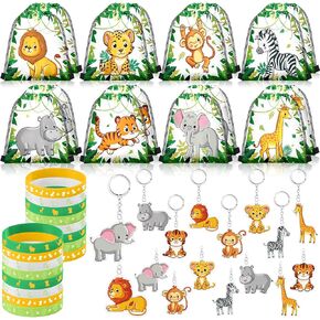 Talltalk 48 Pcs Jungle Safari Party Favors with 16 Wild Animals Drawstring Bags Goodie Bags Candy Treat Bag 16 Animals Wristband Bracelet 16 Animals Keychain for Zoo Birthday Baby Shower Party