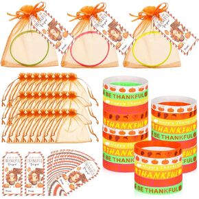 Liliful 72 Pcs Thanksgiving Gifts 24 Set Silicone Wristbands with Gift Label Tags and Organza Bags Turkey Day Gifts Fall Pumpkins Goodie Bag Fillers