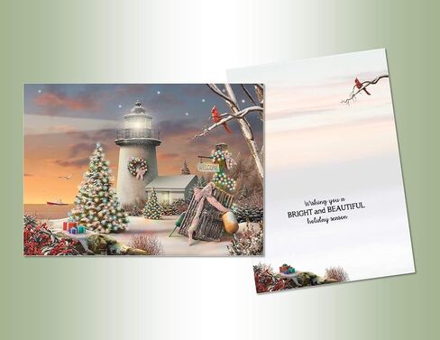 PERFORMING ARTS ® BOXED CHRISTMAS CARDS Christmas Lighthouse Deluxe Non-flake Glitter Embellished Boxed Christmas Cards with Full Color Inside Designs (14 glitter cards, 14 envelopes) in Saudi Arabia