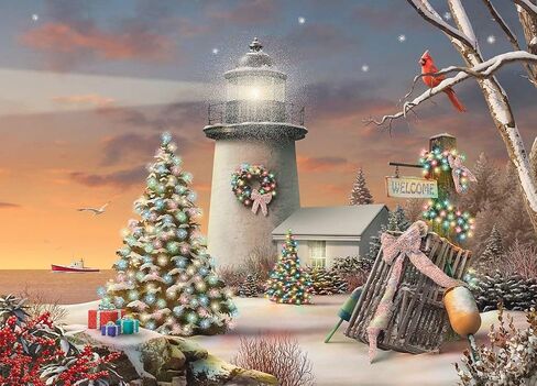 PERFORMING ARTS ® BOXED CHRISTMAS CARDS Christmas Lighthouse Deluxe Non-flake Glitter Embellished Boxed Christmas Cards with Full Color Inside Designs (14 glitter cards, 14 envelopes) in Saudi Arabia