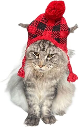 Red Black Plaid Dog Christmas Hat, Braided Knit Dog Pom Pom Hats Accessory Costume for Pets Buffalo Medium in Kuwait