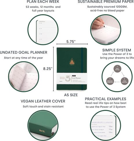 Yop & Tom Undated Goal Planner - Power of 3 - The Weekly Productivity Planner To Help You Smash Any Goal - Perfect for Fitness, Coaching, Work and Personal - Forest Green in Saudi Arabia