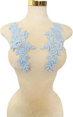 PLune Lace Beaded Applique Perfect Shining Trim Patches for Wedding Dress Clothing Accessories one Pair/Bag 5.5X12.9inches (Black) in Saudi Arabia