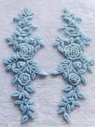 PLune Lace Beaded Applique Perfect Shining Trim Patches for Wedding Dress Clothing Accessories one Pair/Bag 5.5X12.9inches (Black) in Saudi Arabia