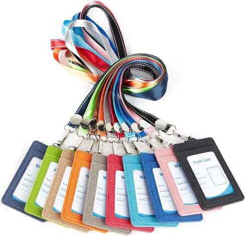 Faux Leather Vertical Badge Holder Lanyard ID Card Holder Case with 1 ID Window for School Office,Khaki in Kuwait