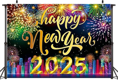 2025 Happy New Year Backdrop 7x5FT Neon City Fireworks Eve Party Background Christmas Holiday New Year Party Decoration Supplies Photo Props in Saudi Arabia