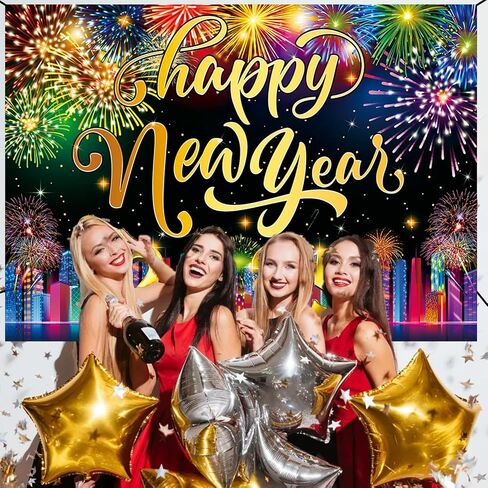 2025 Happy New Year Backdrop 7x5FT Neon City Fireworks Eve Party Background Christmas Holiday New Year Party Decoration Supplies Photo Props in Saudi Arabia