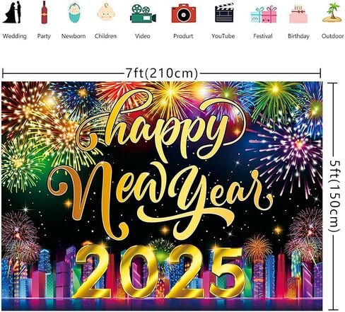 2025 Happy New Year Backdrop 7x5FT Neon City Fireworks Eve Party Background Christmas Holiday New Year Party Decoration Supplies Photo Props in Saudi Arabia