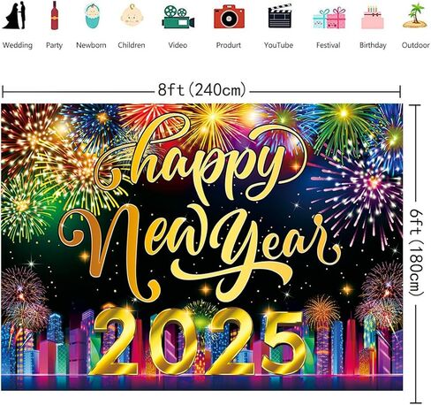 2025 سنة جديدة سعيدة خلفية 7x5FT مدينة النيون الألعاب النارية عشية حفلة خلفية عيد الميلاد عطلة السنة الجديدة لوازم الديكور حفلة صور الدعائم in Kuwait