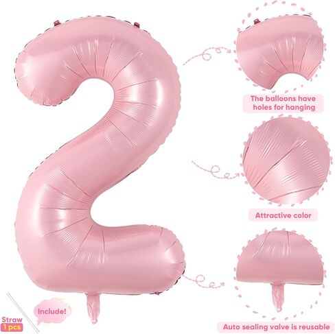 Light Pink 2 Balloon, 40 Inch Large Pastel Pink Foil Helium Number Balloons 0-9 for Girls Women, Jumbo Giant Self Inflating Mylar Pearl Pink Number 2 Balloon for 2nd Princess Birthday Party Decoration in Saudi Arabia