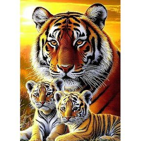 CEOVR Tiger Diamond Art Kits for Adults, Tiger Family 5D DIY Full Drill Diamond Painting Dots Sunset Gem Art, Adult Crafts Kits Arts and Crafts, Wall Decor for Home Office 12x16inch