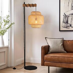 Bamboo Floor Lamp for Living Room, Boho Hand-Worked Woven Cake Lampshade Standing Lamp with Foot Switch, Industrial Black Tall Floor Light Decoration for Bedroom, Farmhouse