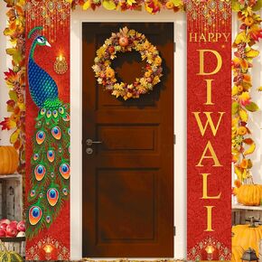 Diwali Decorations for Home, Happy Diwali Door Banner, Peacock Diya Diwali Porch Banner, Welcome Sign Deepavali Indian Festival of Lights Celebration Hanging Banner for Home Doorway Decorations