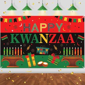 Happy Kwanzaa Banner for Kwanzaa Decorations, Large Size Happy Kwanzaa Backdrop African Heritage Holiday Ornaments Banner Kwanzaa Party Photo Booth Prop for Home Indoor Outdoor Kwanzaa Party Supplies