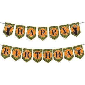Gone Hunting Happy Birthday Banner, Deer Party Sign Decorations, Orange Camo Girl Boy Theme Supplies, Buck Bday Kids 1st First Decor