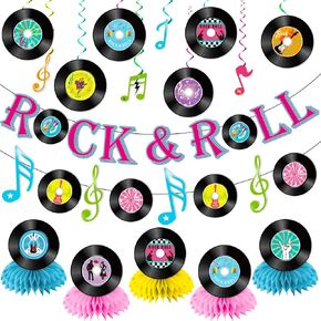 LARRAZABAL Rock and Roll Birthday Party Decorations, Music Themed Party Decorations Include Rock and Roll Banner Hanging Swirls Honeycomb Centerpiece 50s Party Decorations Baby Shower Supplies