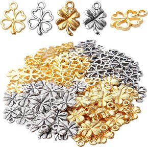 BronaGrand 100pcs 2 Styles Alloy Four Leaf Clover Charms Lucky Charms Pendents for DIY Bracelet Necklace Jewelry Making Findings, Gold and Antique Silver