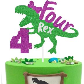 Four Rex Cake Topper Jurassic Dinosaur Theme Party Decorations - very Suitable 4th Years Old girls Birthday Party Decorations