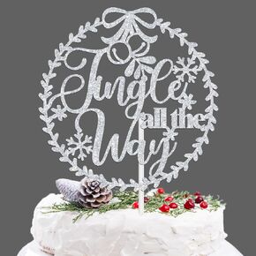 Jingle all the Way Cake Topper, Merry Christmas, Santa Cake Decor, Joyeux Noel Happy New Year Winter Christmas Holidays Eve Party Decoration Supplies, Silver Glitter