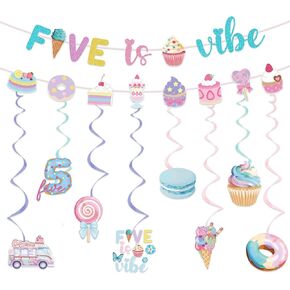 Ice Cream Birthday Party Decorations - Ice Cream 5th Birthday Banner Hanging Swirls Five is So Sweet Ice Cream Donut Sweet Themed 5th Birthday Decorations Girl (Five is Vibe)