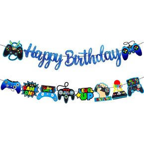 Video Game Birthday Banner Glitter Blue Game Party Banners 2Pcs Gaming Theme Birthday Party Decoration Game on Player Cutout Banners for Level Up Baby Shower Supplies