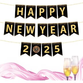 Happy New Year 2025 Banner, Pre-assembled Black Gold Glitter New Year Party Decorations Decor Indoor Party Supplies for Fireplace Mantle