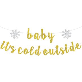 Baby It's Cold Outside Banner, Oh Baby/Little Sweet Snowflake Bunting Sign, Winter Baby Shower/Gender Reveal/Birthday Party Decorations Supplies, Gold Glitter