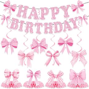Pink Bow Birthday Decorations, Coquete Birthday Party Decorations Set Happy Birthday Banner Ribbons Hanging Swirls Honeycomb Centerpieces for Girls Birthday Party Supplies