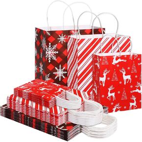 Kolldenn 60 Pcs Christmas Kraft Gift Bags Bulk Red and White Christmas Paper Bags with Handles Assorted Sizes Christmas Treat Gift Bags Goodie Bags for Xmas Holiday Wrapping Party Favor