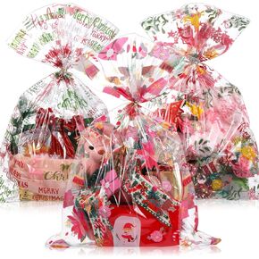 Cholemy 30 Pcs Pink Christmas Gift Basket Bags 19.7" x 27.6" Large Merry Christmas Cellophane Goodie Bags Pink Snowman Canes Plastic Wrap Bags with Twist Ties for Holiday New Year Crafts Party Favors