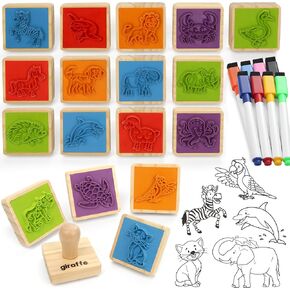 Coogam Wooden Stamps Printing Toy Set, 20pcs Animal Color Shape Stamping with Markers, DIY Dog/Cat/Zebra/Elephant Scrapbook Arts Crafts Supplies Party Favor Toy Gift for 3 4 5 Year Old Kids